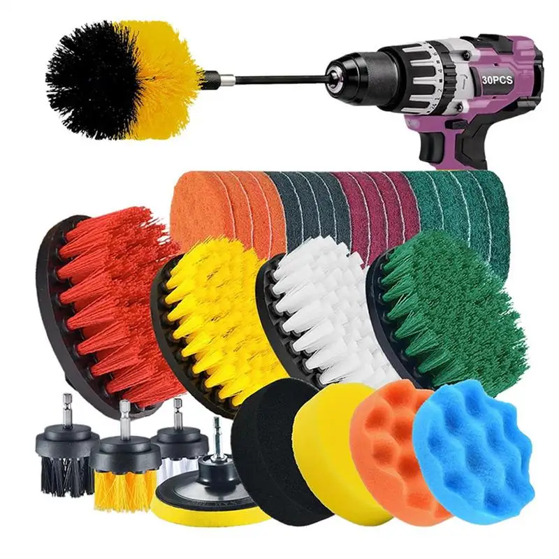 30pcs Car Polisher Kitchen Bathroom Cleaning Brush Kit Electric Drill Car Brush Attachment Set Drill-Brush Head Kits