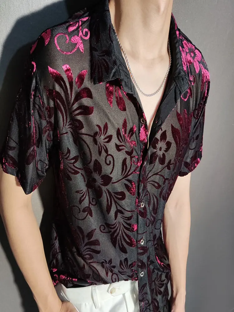 

Summer Flowers Red Pattern Velvet Shirt Transparent Short Sleeve Sexy Top Blouse Social Club Outfits Party