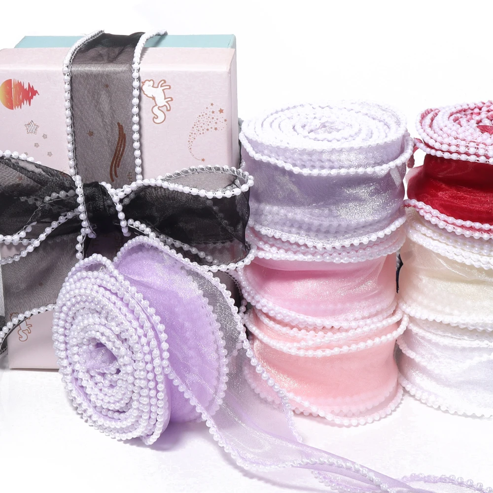 5yards 4cm Fishtail Pearl Yarn Ribbon Silk Organza Lace Ribbon Webbing For DIY Handmade Bow Bouquet Gift Wrapping Wedding Decor