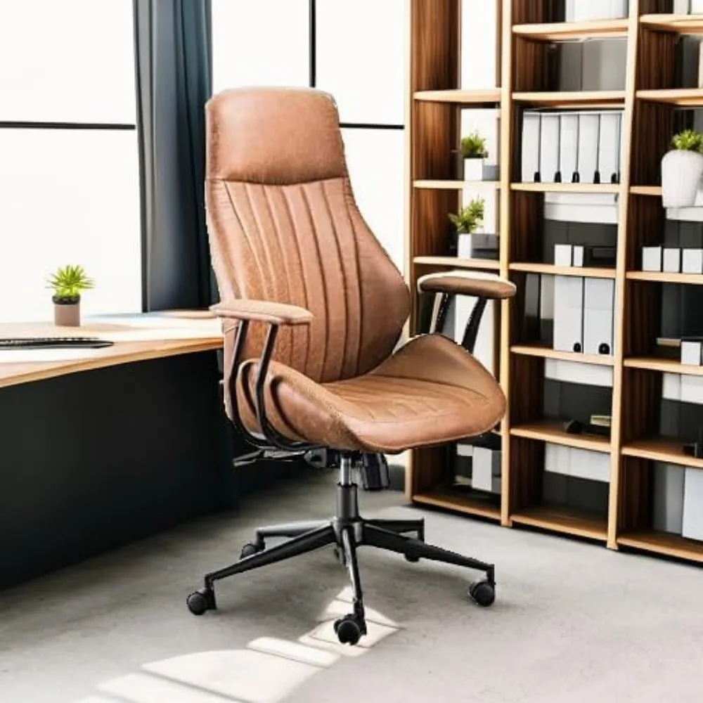 Ergonomic Home Office Chair, Mid-Century Modern Leather Chair with Lumbar Support, High Back Swivel Rolling Executive Chair