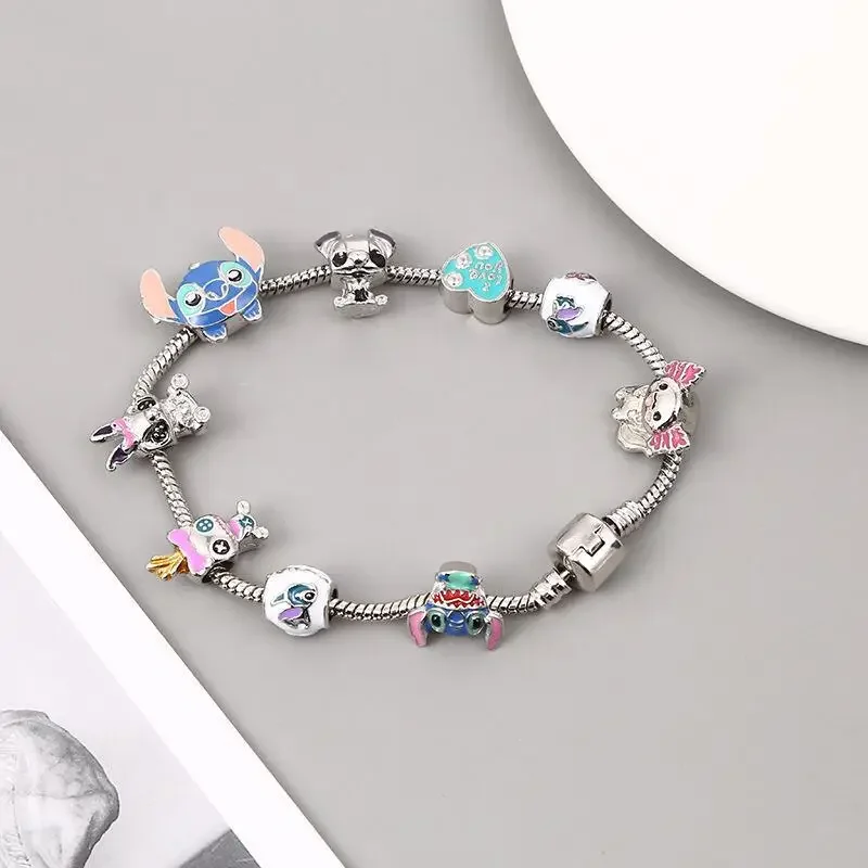 

Disney Anime Figure Lilo & Stitch Bracelet Cartoon Pendant Model Glass Wristband Girls Accessories Pandora Silver 925 Gift Kid