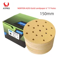 Papel de lija dorado NORTON A293, papel de lija seco de 6 pulgadas y 17 agujeros, masilla redonda flocada de 150mm para coche, papel de lija con virutas de lijado de madera, grano 80-500