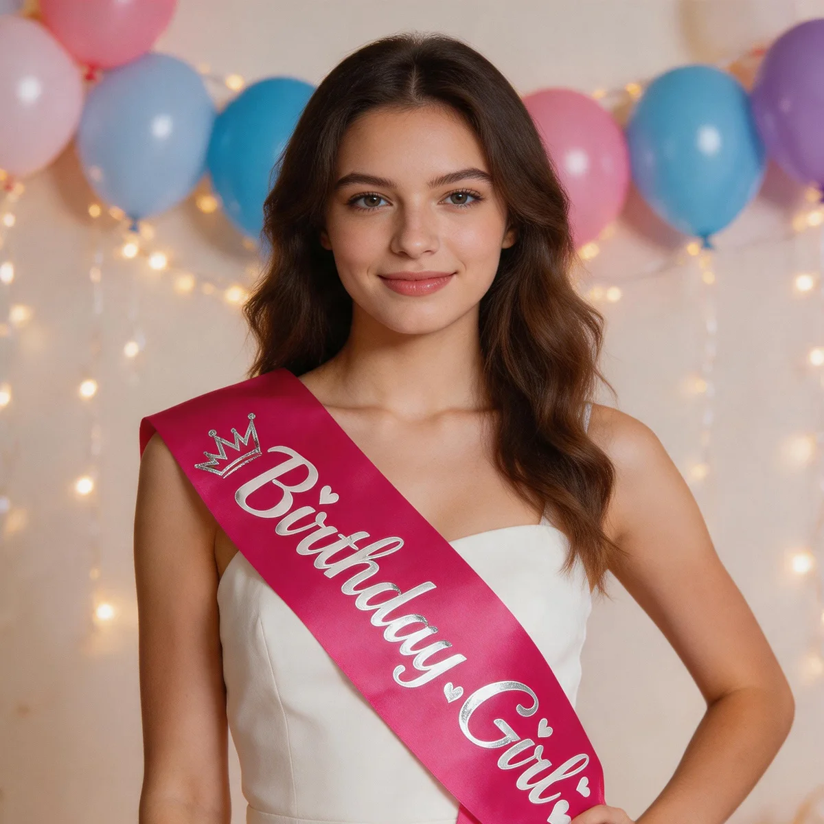 Smooth Hot Pink Satin Birthday Girl Sash with Crown Hearts Print Birthday Celebration Decor view 4