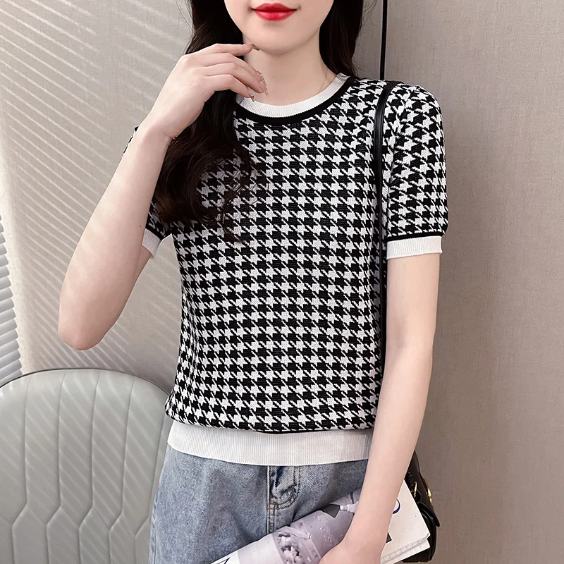 Office Ladies Fashion t-shirt lavorate a maglia a maniche corte donna Thousand Bird Grid Jacquard Top Summer Casual Slim Basic pullover