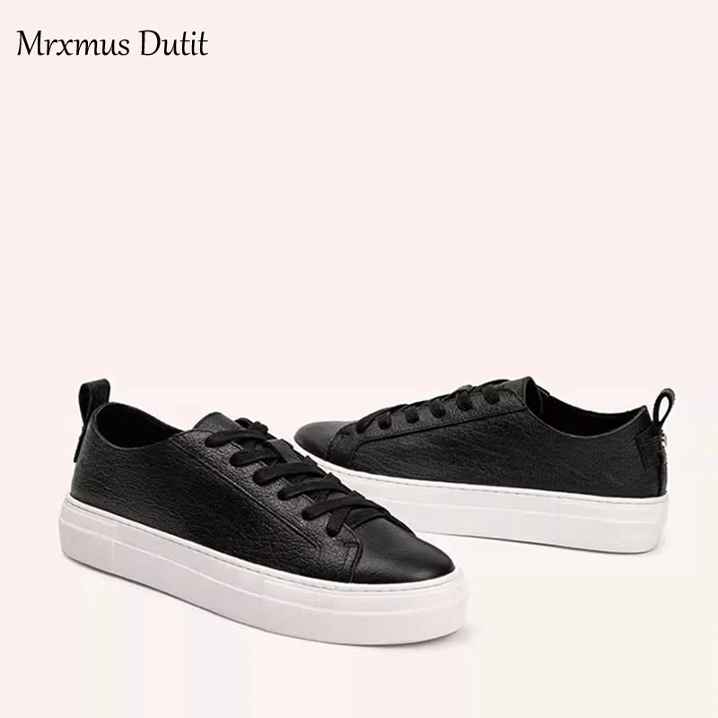 Mrxmus Dutit2024 New Spring Autumn Genuine Leather Women Lacing Basic White Flat Shoes Casual Solid Color Simple All-match Femme