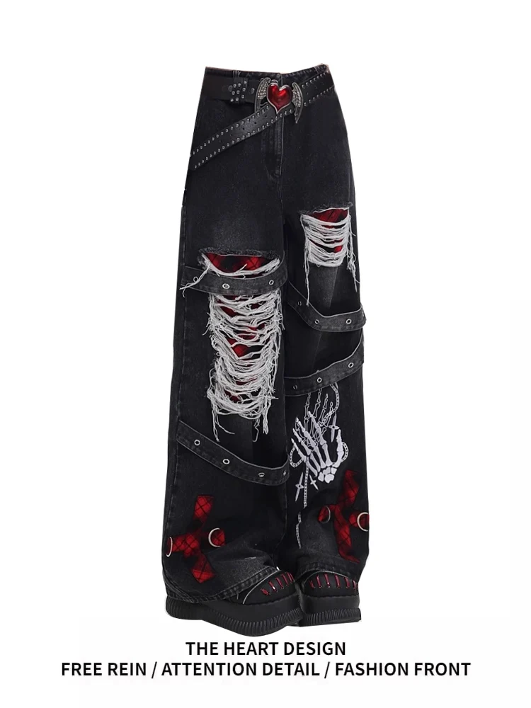 

Джинсы в стиле ретро в стиле панк, женские весенне-летние универсальные широкие брюки с уникальной талией, длинные брюки с высокой талией