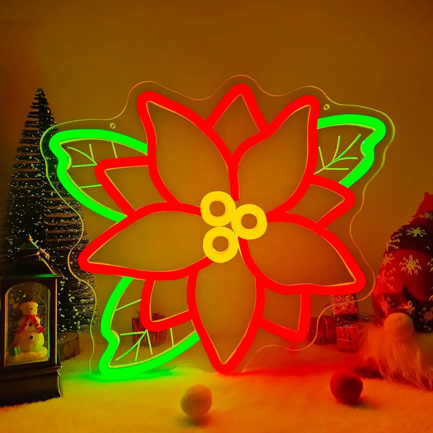 Poinsettia Neon Sign LED Wall Art Christmas Flower USB Powered Dimmable Light Party Bar Shop Holiday Season Decor Hanging