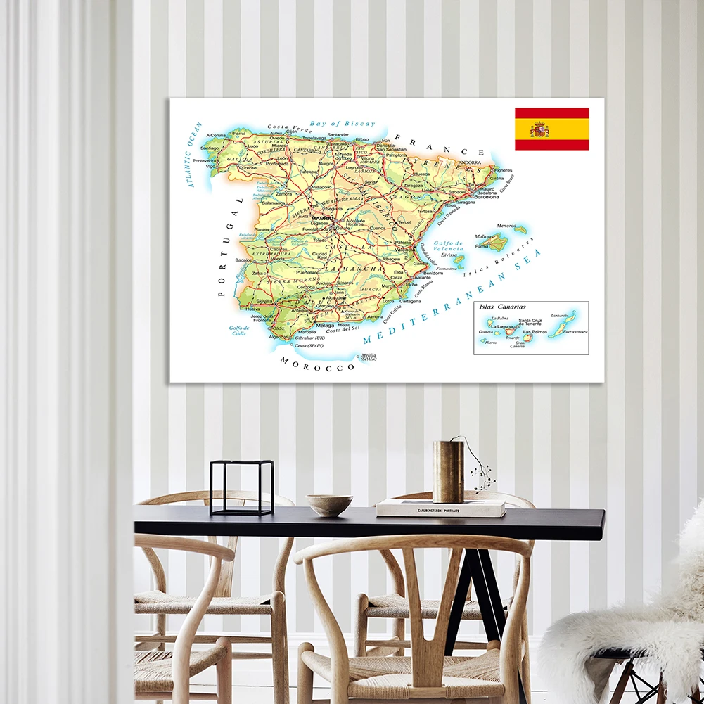 Pintura de tela não tecida, rede rodoviária e ferroviária do mapa da Espanha, cartaz de parede para escola, decoração de casa, 150x100cm