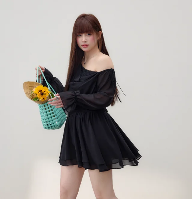 فستان شيفون كبير الحجم برقبة مائلة فرنسية مكشوفة الأكتاف وأكمام طويلة منتفخة، فساتين كورية حلوة متعددة الاستخدامات باللون الأسود بخصر عالٍ #6