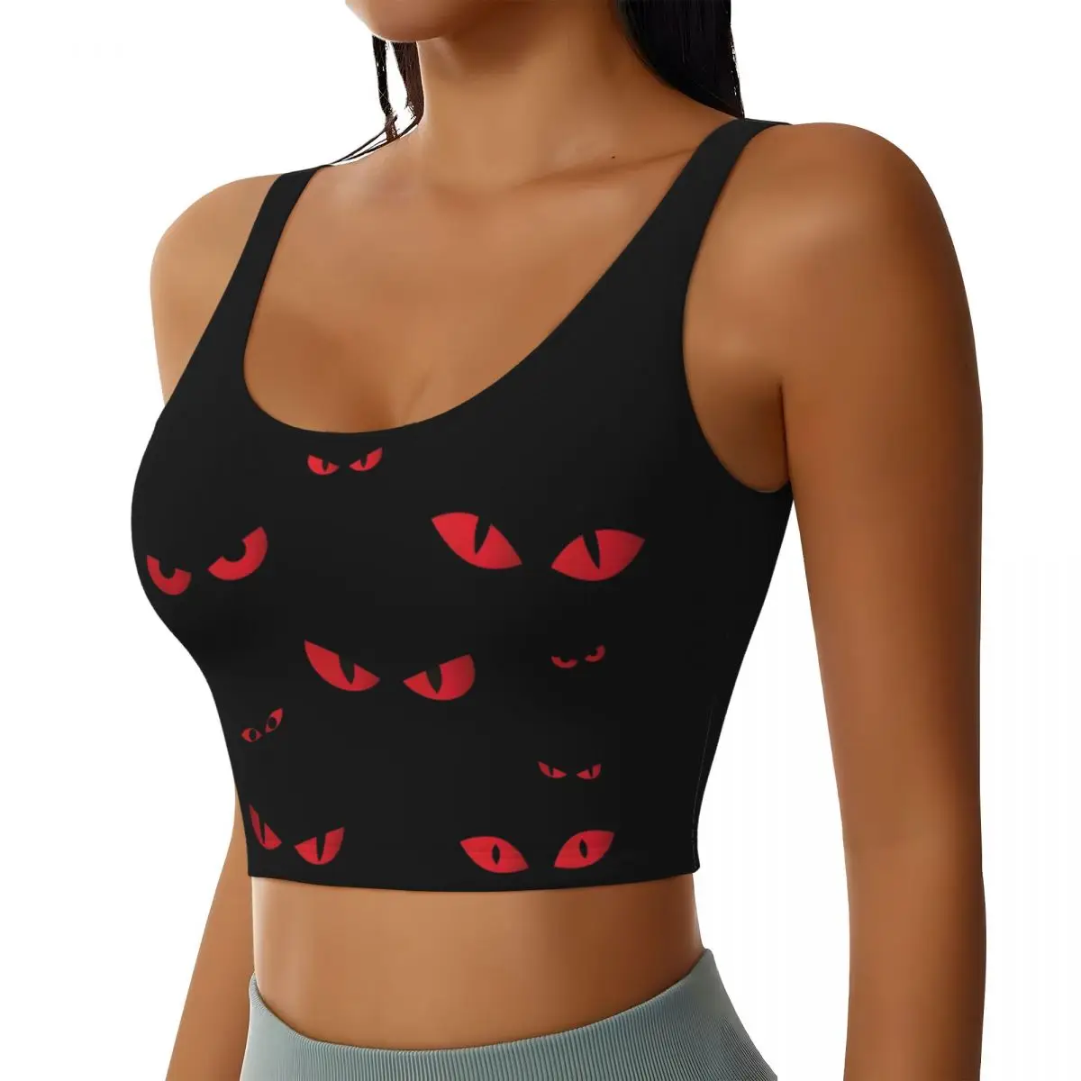 Custom Spooky Monster Eyes In The Dark Halloween Party Hollow Sports Bra Women High Impact Workout Yoga Crop Top