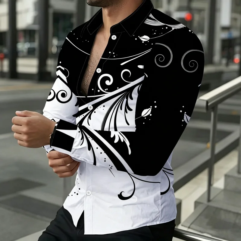 

Men's slim fit lapel long sleeved shirt, navy style boat anchor wave print, outdoor casual men's top, comfortable fabric XS-6XL