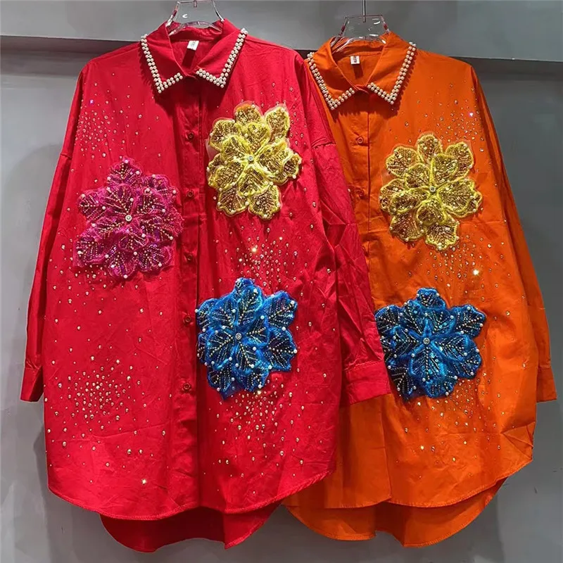 Luxury Beaded Shirt Women Korean Style High-end Polo Collar Flower Diamond Loose Shirts Autumn New Celebrity Temperament Top