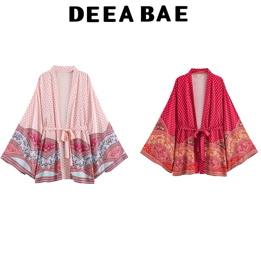 DEEABAE Women's 2026 new summer outfit fashionable wide long sleeved kimono tie loose printed casual jacket