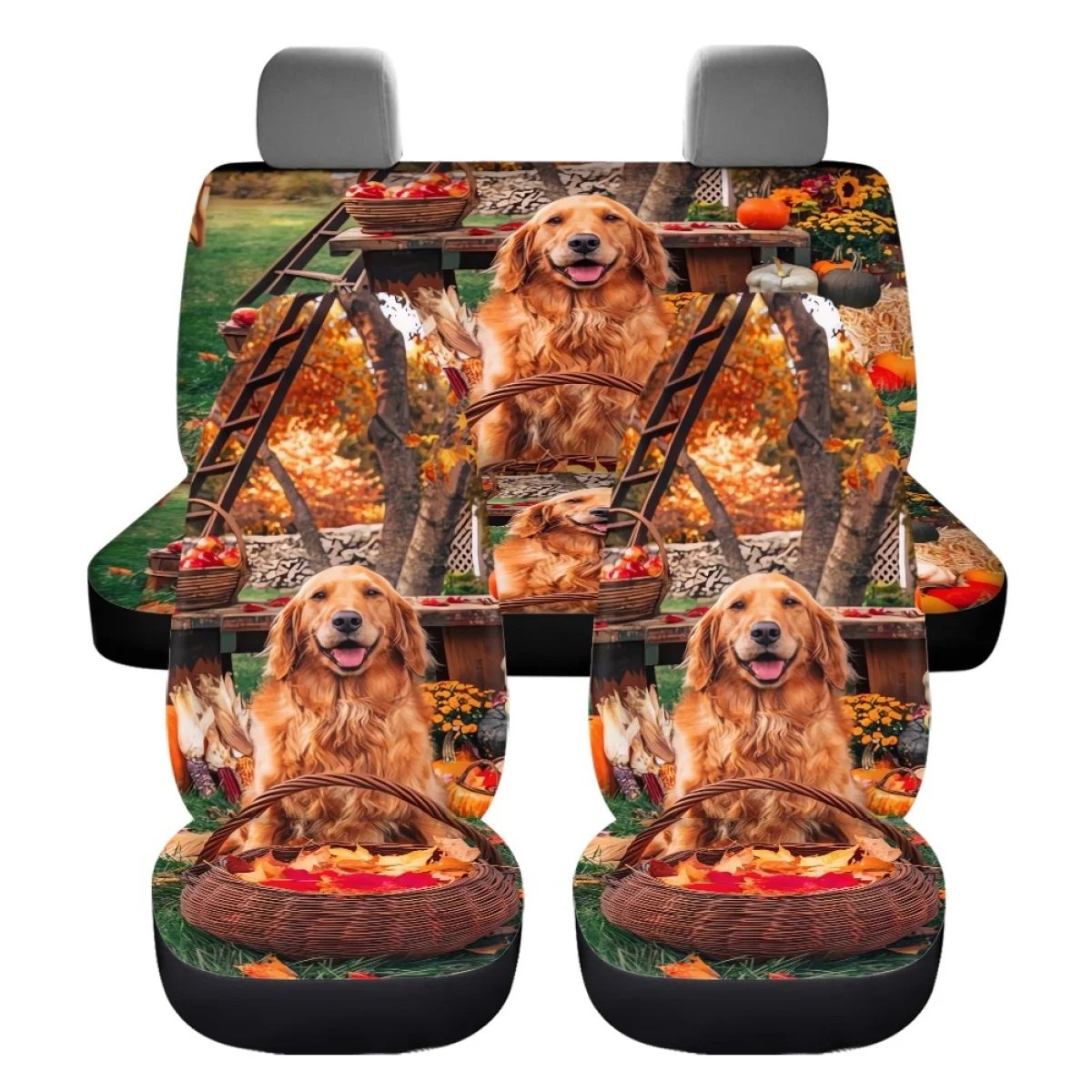 Lovely Golden Retriever Yellow Dog Pattern Vehicle Clean Protector Seatbelt Steering Wheel Front Back Seat Cover Set Supplies