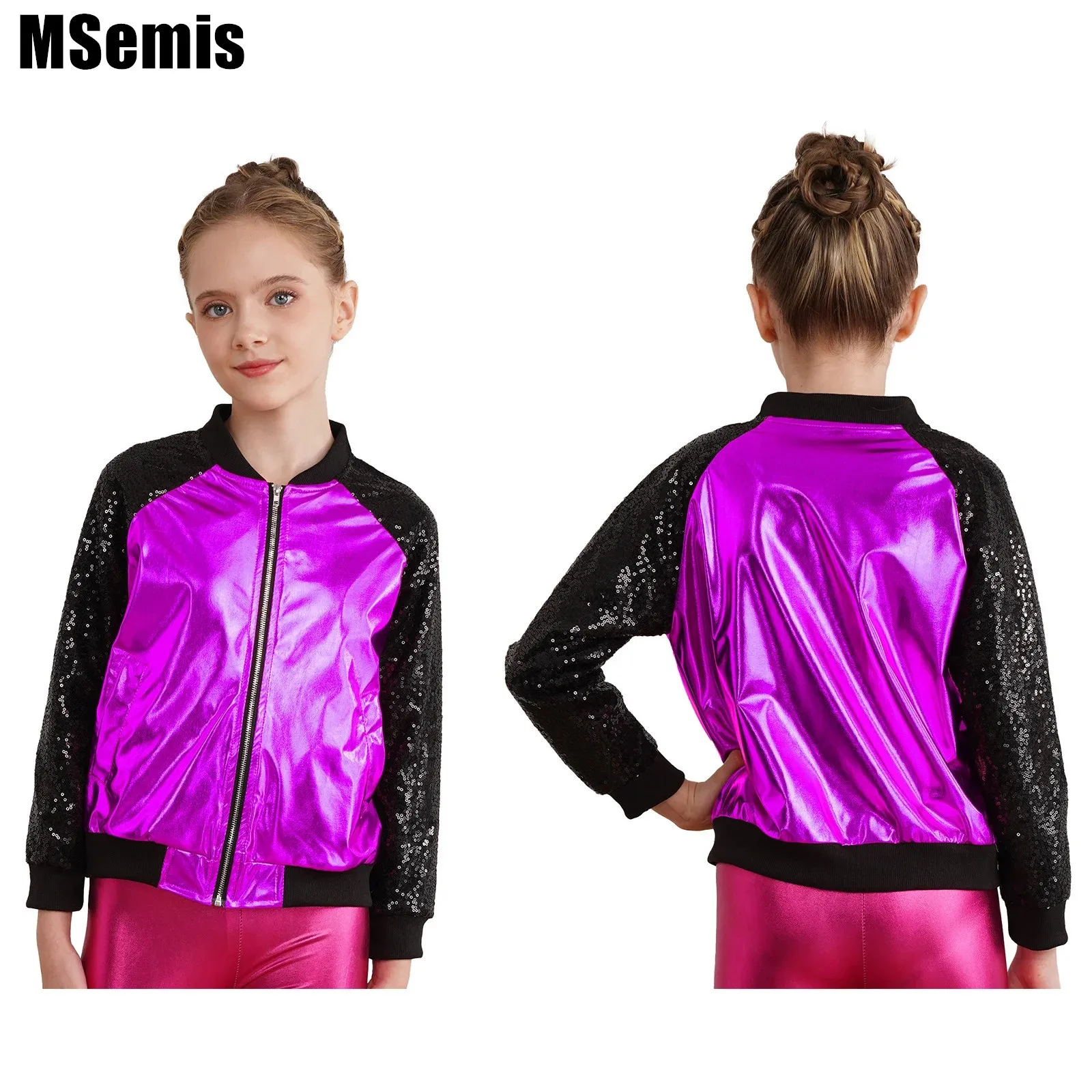 

Kids Girls Shiny Sequins Dance Jacket Long Sleeve V Stand Collar Zipper Closure Front Bronzing Cloth Outerwear Stylish Clothing