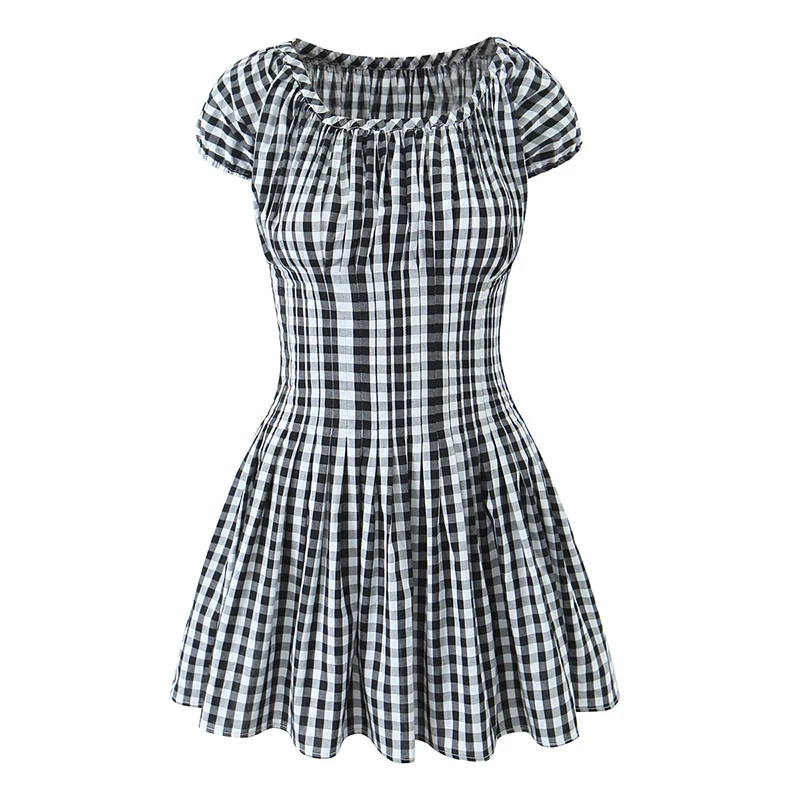 YENKYE Summer Women Black White Plaid Slim Fit Waist Dress Vintage Puff Sleeve O Neck A-line Mini Casual Dresses