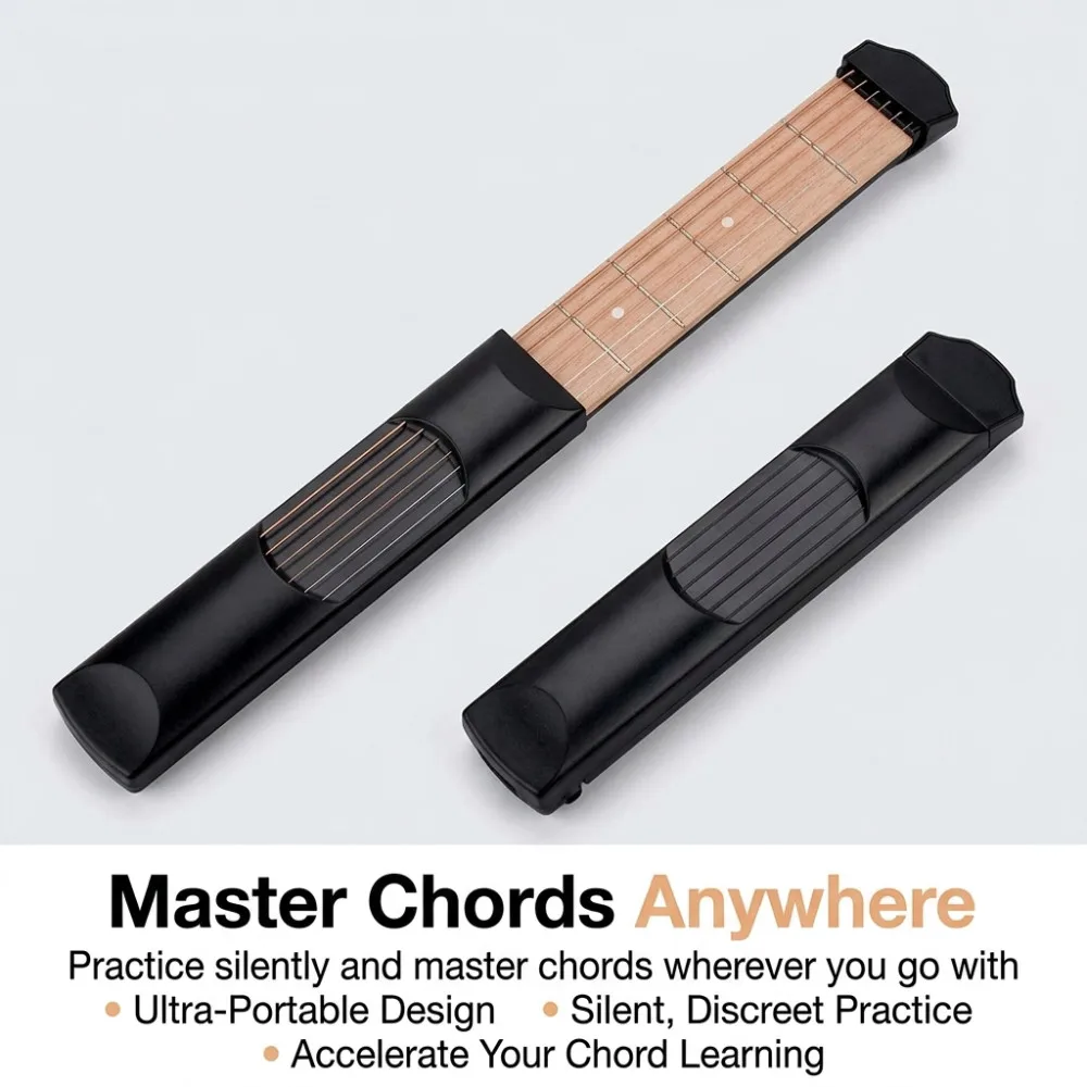 Model 6 Portable Pocket Guitar Straw, Neck Chord Trainer, Wooden Sapele, Practice Tool for Trainer, Beginner, Black