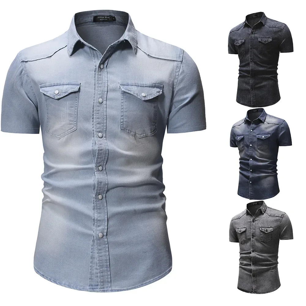 

Men Denim Shirts Tops Shirt Short Sleeve Button Turn Down Collar Single Breasted Slim Fit Solid Simple Casual Splice Top 2025