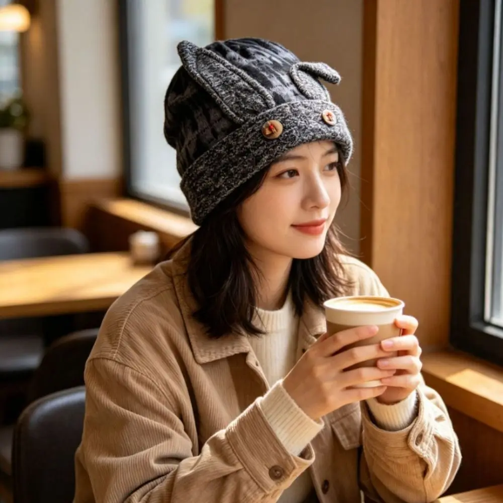 Soft Women Button Rabbit Ears Beanies Thickened Coldproof Ear Warmer Cap Elasticity Breathable Warm Pullover Cap
