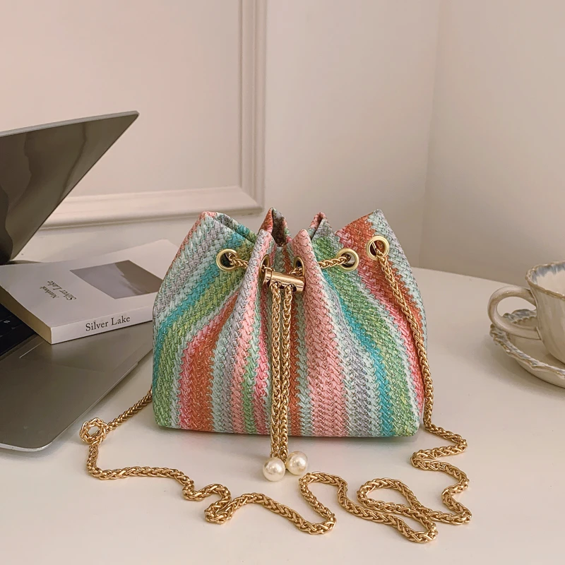 

Elegant Exquisite Shoulder Bag Pearl Chain Colorful Stripe Bucket Bag Mini Portable Women Crossbody Bag for Daily Use