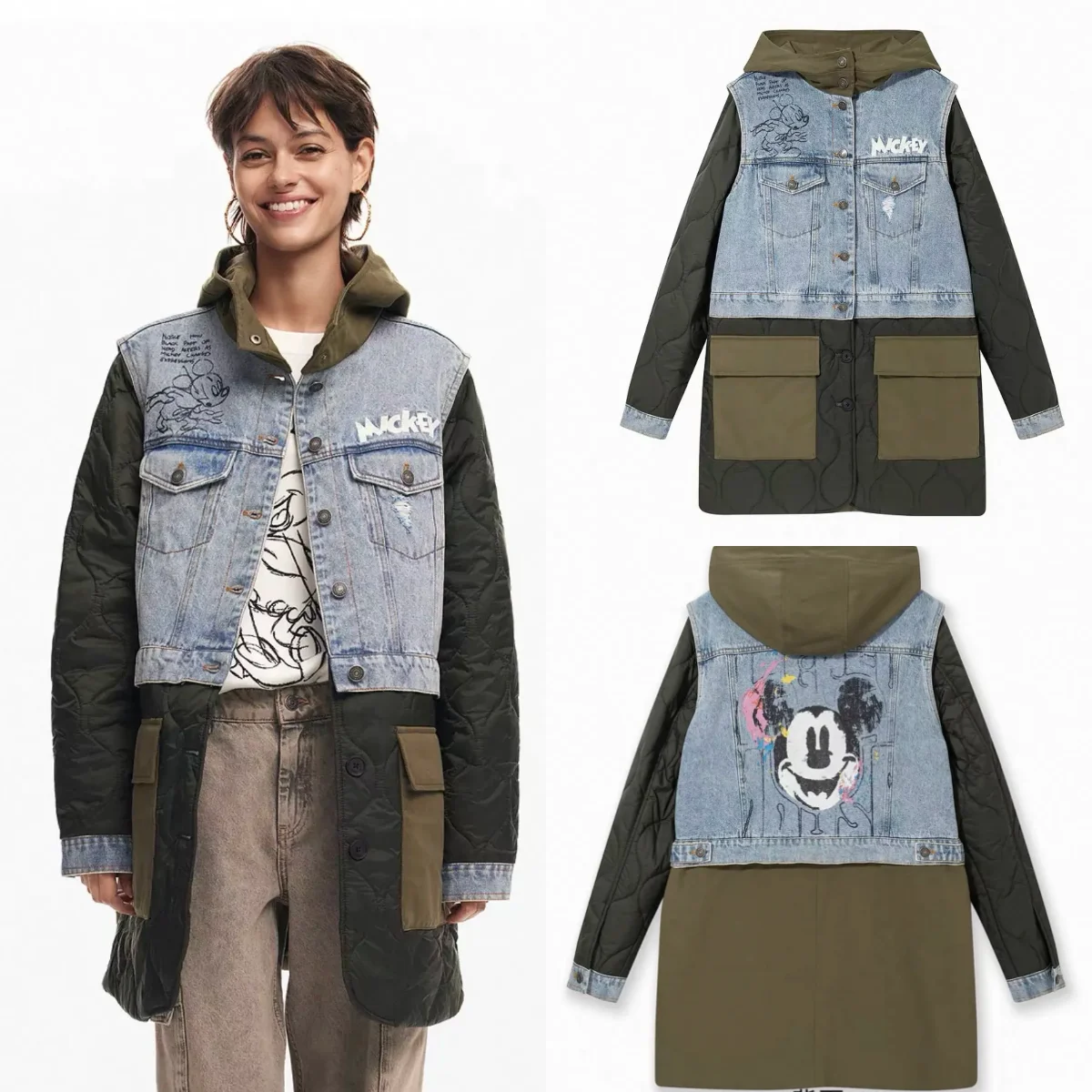 

European, American, Spanish original light luxury washed denim splicing with cotton hooded cotton jacket, warm cartoon print