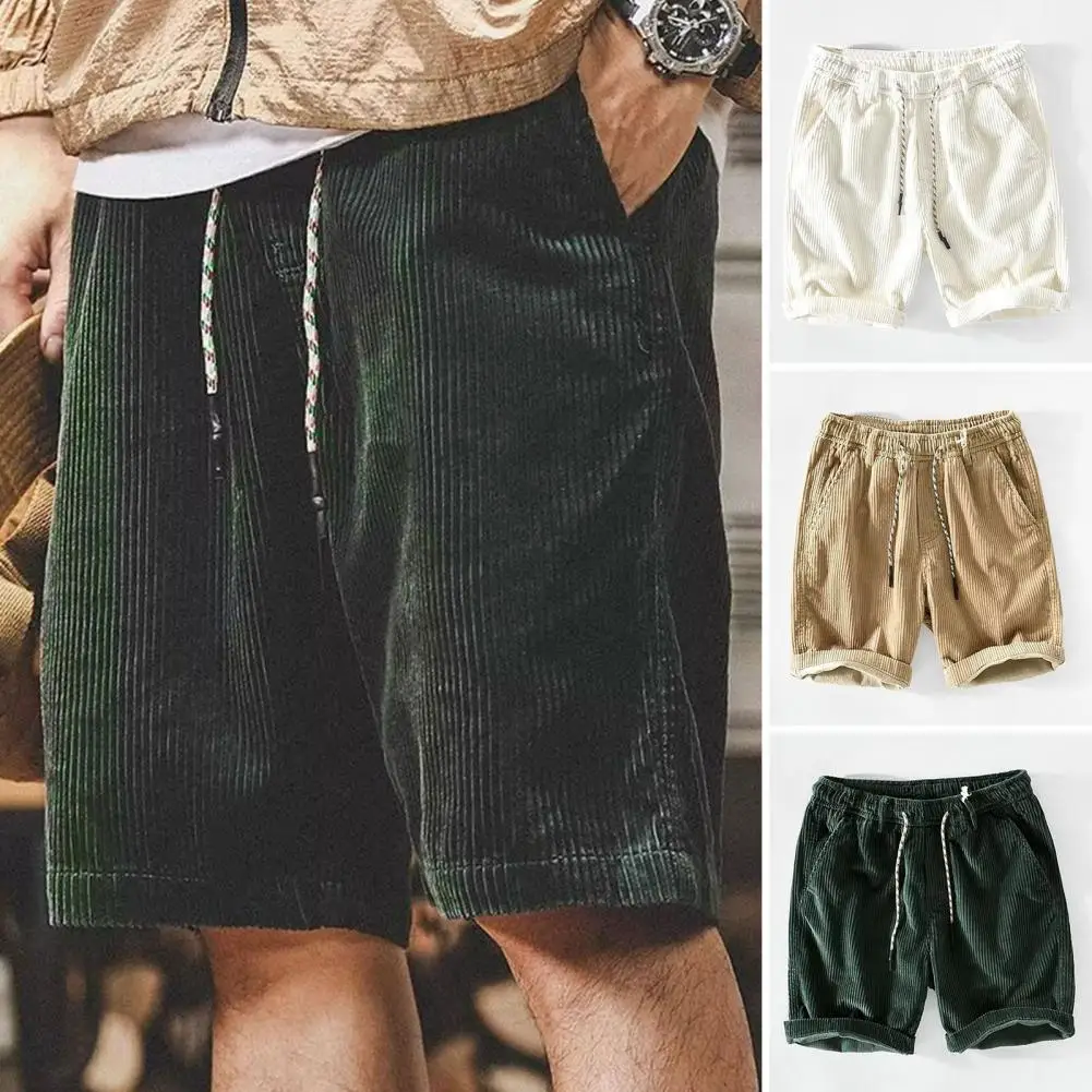 Men Athletic Shorts Stylish Men\'s Elastic Waist Corduroy Beach Shorts With Pockets Adjustable Drawstring Shorts For Summer Solid