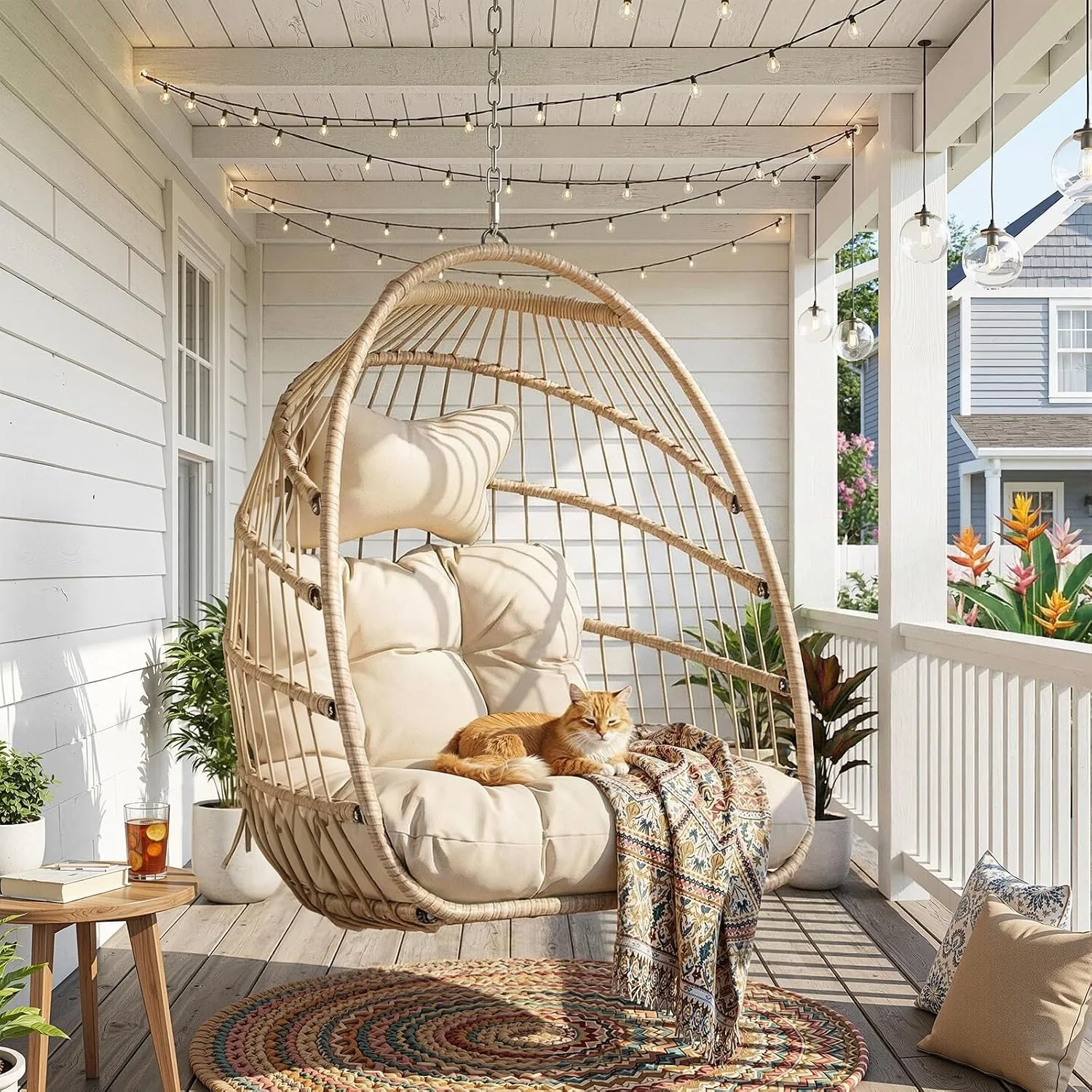 Outdoor Hanging Egg Chair Without Stand, Patio Wicker Swing Egg Basket Chairs with Padded Cushion, 350 Lbs Comfy Cozy Ceiling Tree Swinging Egg-Shaped Chair No Stand for Indoor Balcony, Beige