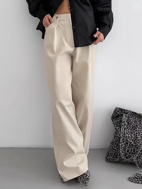 سراويل كاجوال عالية الخصر، سراويل طويلة فضفاضة قابلة للتنفس، سراويل قطنية مريحة وواسعة الساق للنساء