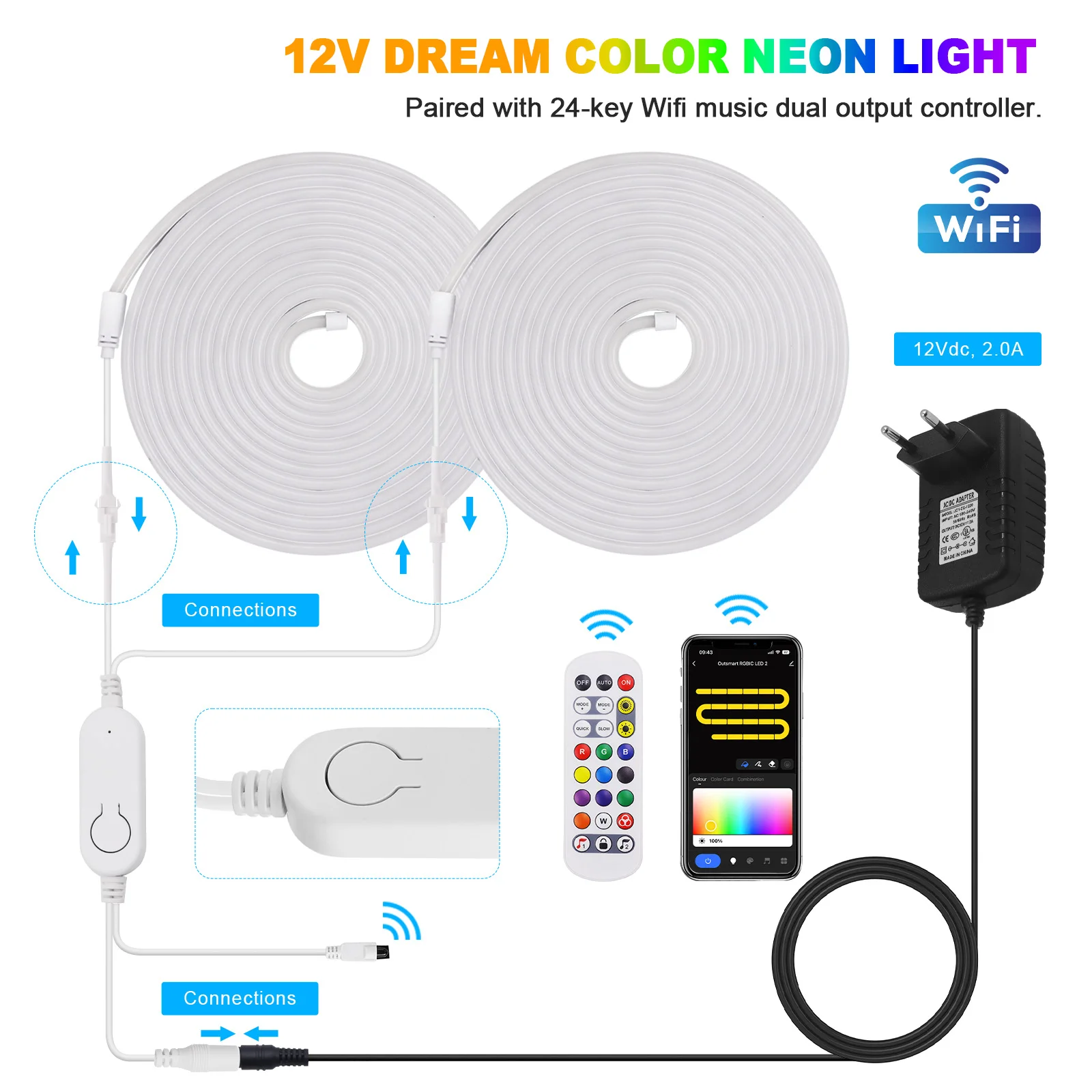 Faixa de néon rgbic luz led 12/24v dreamcolor perseguindo corda de néon luz bluetooth wifi kit de controle remoto corda endereçável flexível