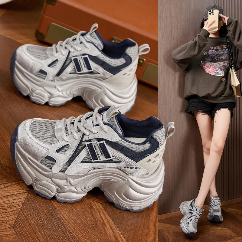 

2025 New Arrival Women's Leather-Lined Platform Dad Shoes: Versatile Mesh-Upper Breathable Casual Sneakers for Petite Stature