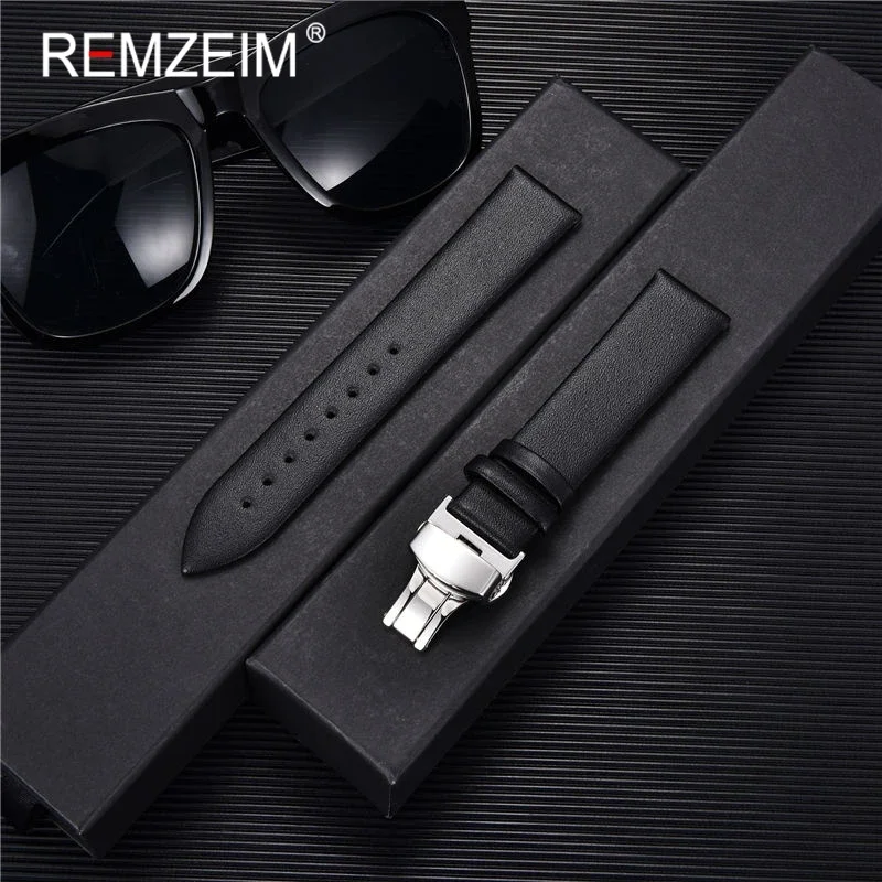 Smooth Genuine Calfskin Leather Watchband 18mm 20mm 22mm Straps with Solid Automatic Butterfly Buckle Business Watch Band + Tool