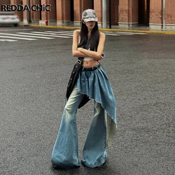 REDDACHiC Y2k Denim Skirt Overlay Bootcut Pants Women Asymmetrical Trailing Wide Leg Tall Girls Flare Jeans Vintage Streetwear