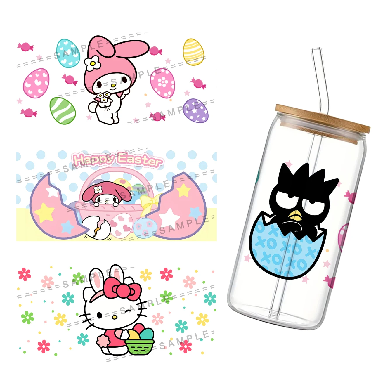 11x24cm Easter Sanrio Eggs Cup Wrap Sticker 16oz No Heat Needed UV DTF Waterproof Sticker