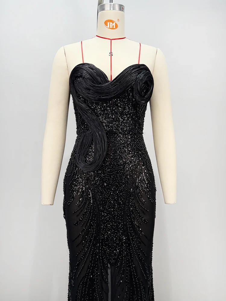 VC Sparkle mode Sexy rouge et noir perlé maille transparente sans bretelles sans manches robe Maxi pour fête soirée dîner robe