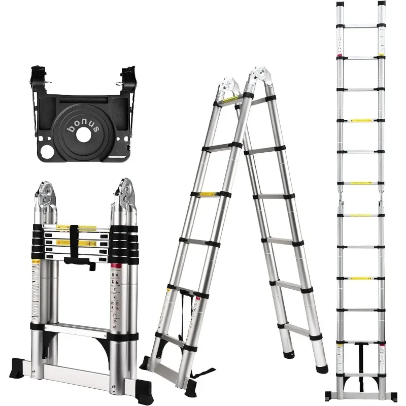 Escalera telescópica, escalera de extensión liviana de aluminio de 12,5 pies con 2 estabilizadores triangulares, capacidad máxima resistente de 330 libras