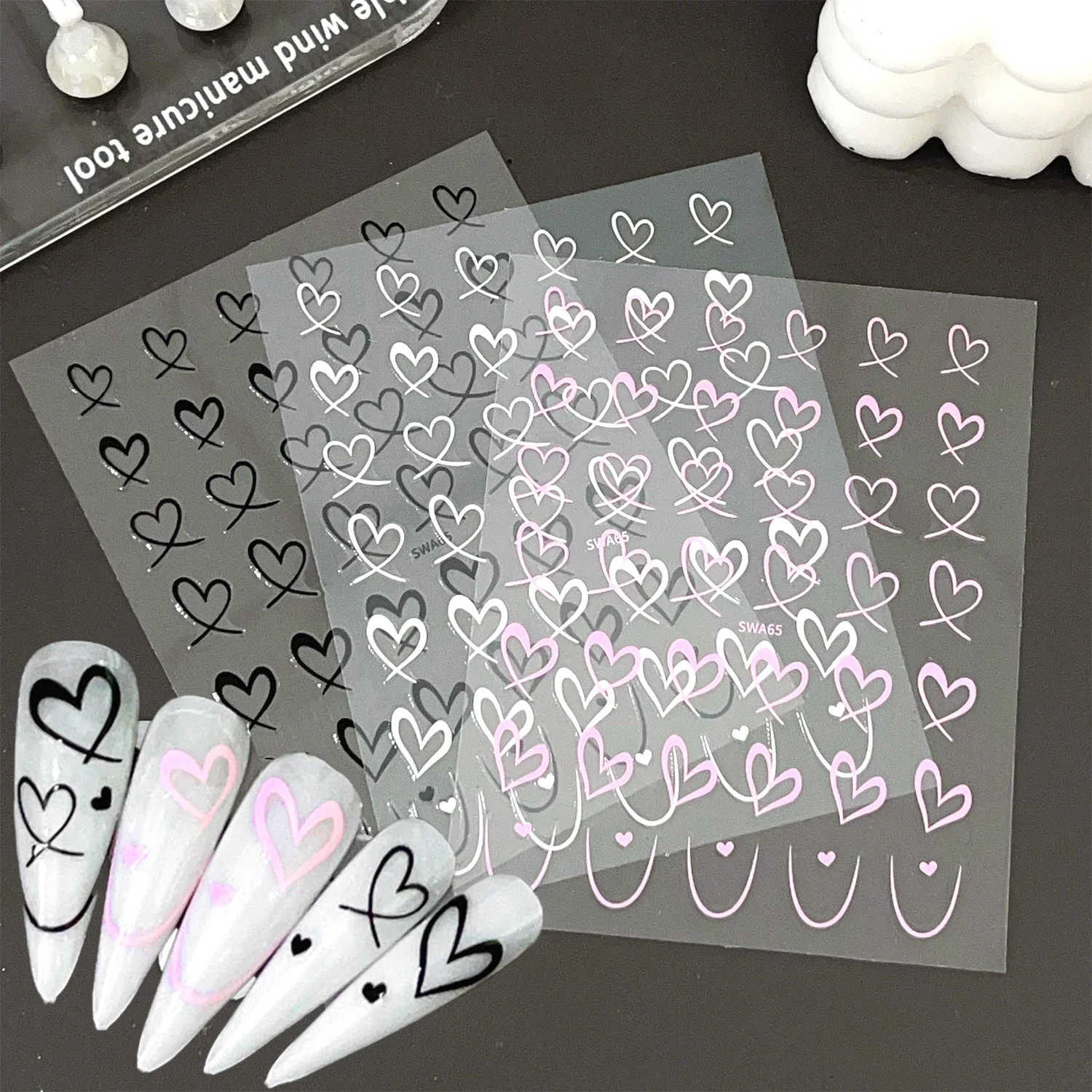 Liefde Hart Nail Art Stickers Set 3D Zwart Wit Roze Lijnen Franse Nagels Decals DIY Zelfklevende Slider Manicure Decoraties