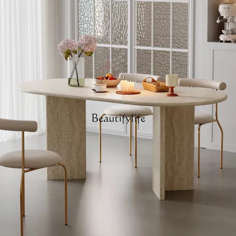 

03.Wabi Sansan natural travertine dining table oval marble household rectangular table