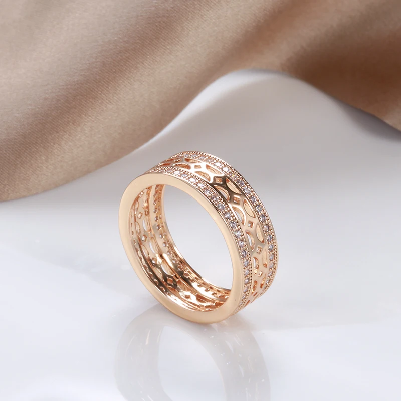 SYOUJYO Skeleton Cutting 585 Gold Color Women\'s Ring Double Row Natural Zircon Micro Inlay Vintage Bride Wedding Jewelry