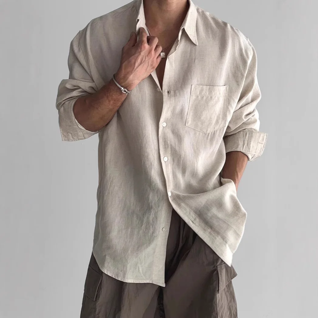 American Vintage Solid Loose Long Sleeve Pocket Shirt Men's Casual Top