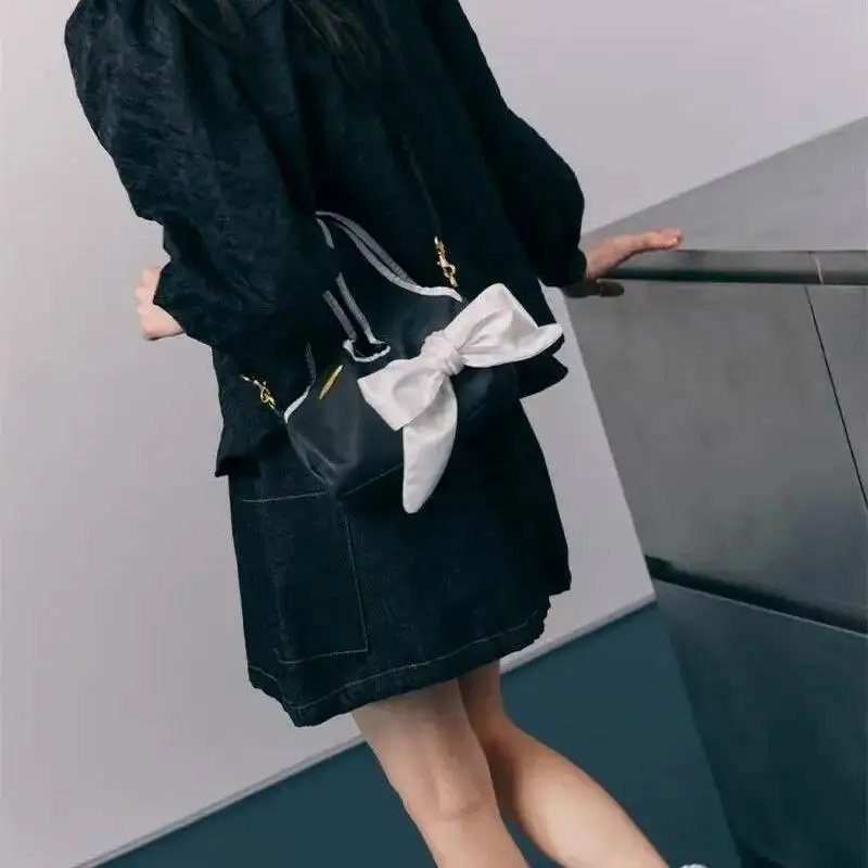 Bloom Haruku Bow Y2k Handbag Women Vintage Zipper Casual Crossbody Bags Purse Ladies Retro Handle Pink Messenger Bag Chic