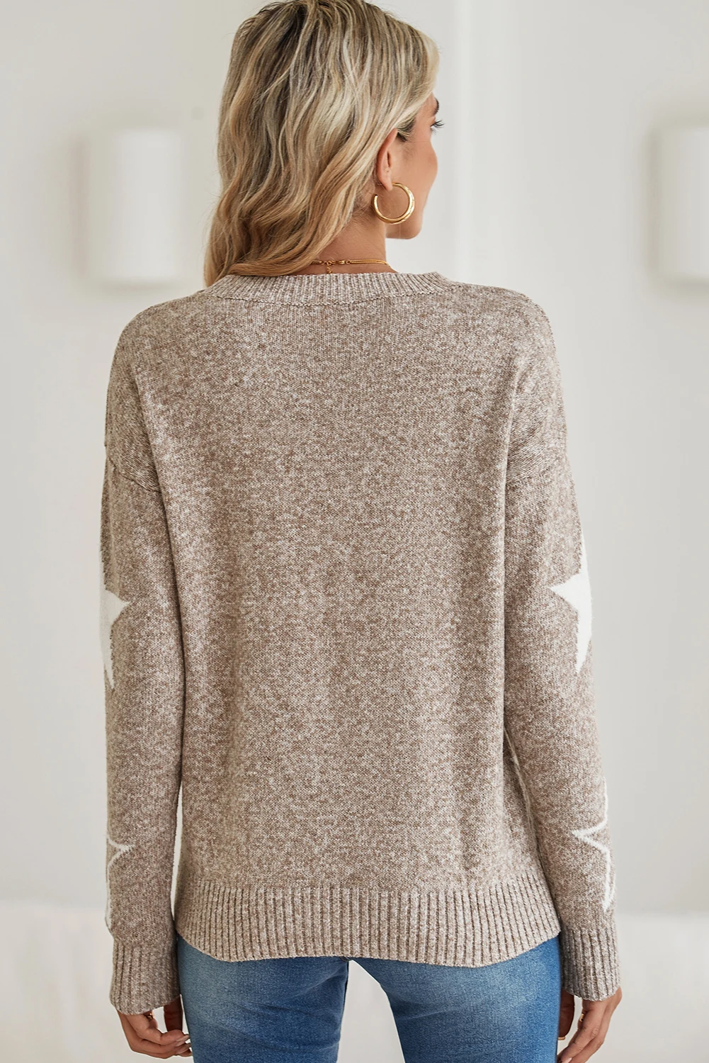 Women's Beige Star Print Knit Sweater Crew Neck Loose Casual Long Sleeve Pullover