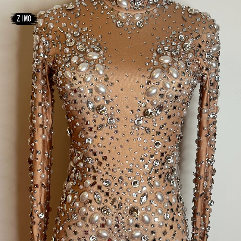 Mono Sexy de malla con diamantes para mujer, traje de actuación, Body ajustado para fiesta y Club, ropa transparente para escenario de baile con diamantes de imitación y perlas