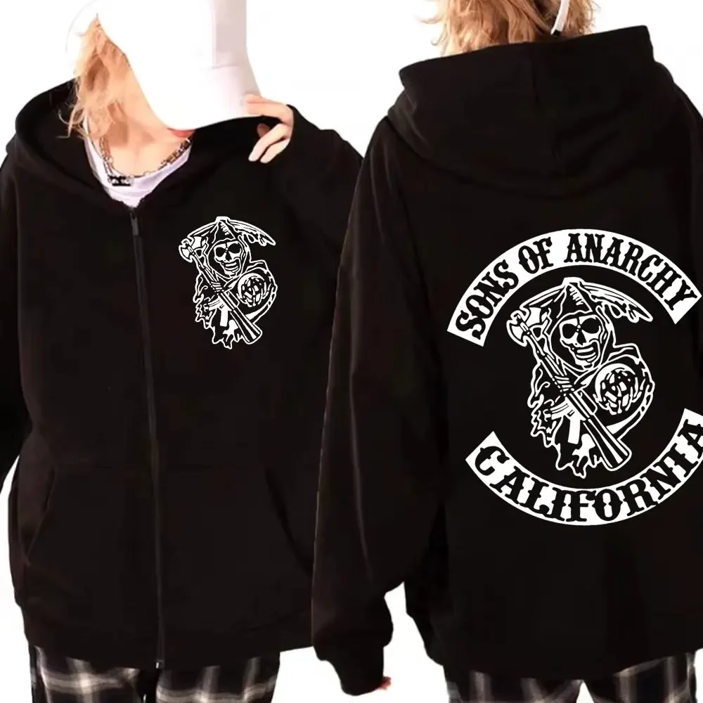 Sons of Anarchys SAMCRO Graphic Zipper Hoodie Men's Women's Gothic Vintage Zip Up Sweatshirt High Street Trend Fashion Pullovers