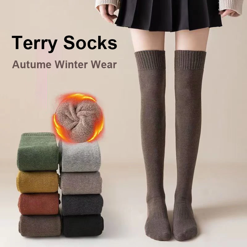 

Autumn Winter Heavy Cotton Stockings JK Girls Over Knee Socks Japanese Style High Tube Sock Female Terry Socks for Women Girls