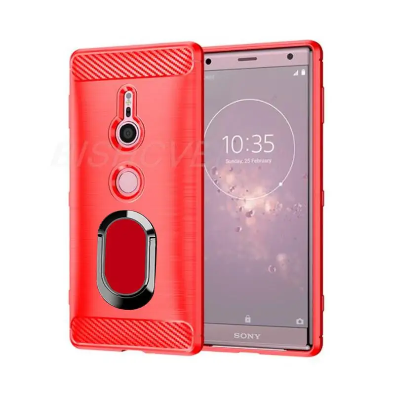 For Sony Xperia XZ2 Brushed Carbon Fiber Soft Silicone Phone Case For Sony Xperia XZ2 Compact Magnetic Ring Stand Cover