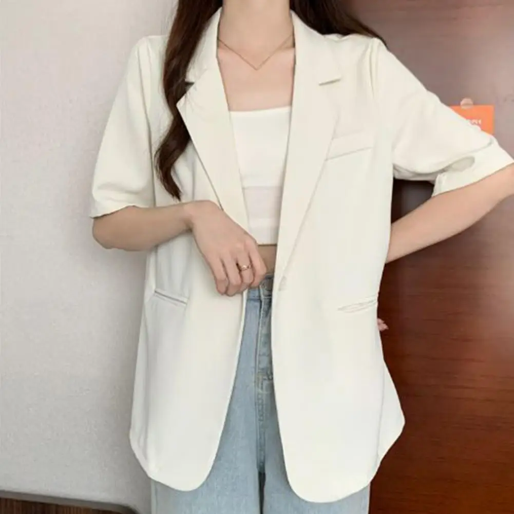 Breathable Suit Coat Versatile Women's Short-sleeved Suit Coat Solid Color Button Closure Casual Work Outwear for Business Wear