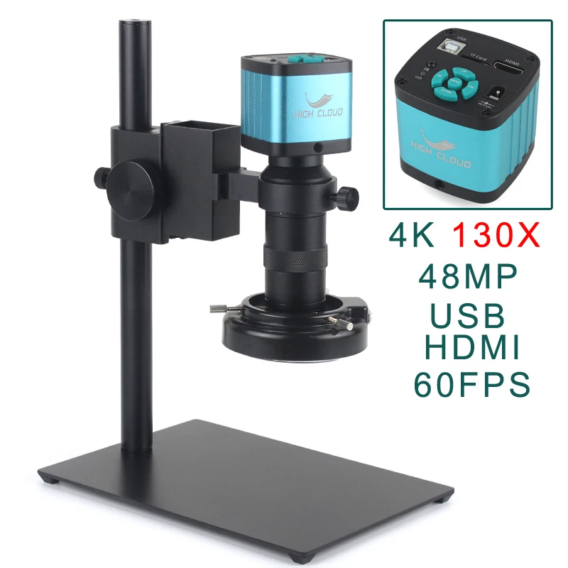 

48MP 4K 2K HDMI VGA Industrial Digital Video Microscope Camera + Zoom 130X C-Mount Lens USB LED Ring Light For Repair Soldering