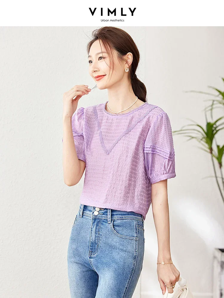 Vimly Summer Lyocell Blend Ladies Tops and Blouses 2023 Elegant Patch Lace Round Neck Puff Sleeve Purple Blouse Women Clothes