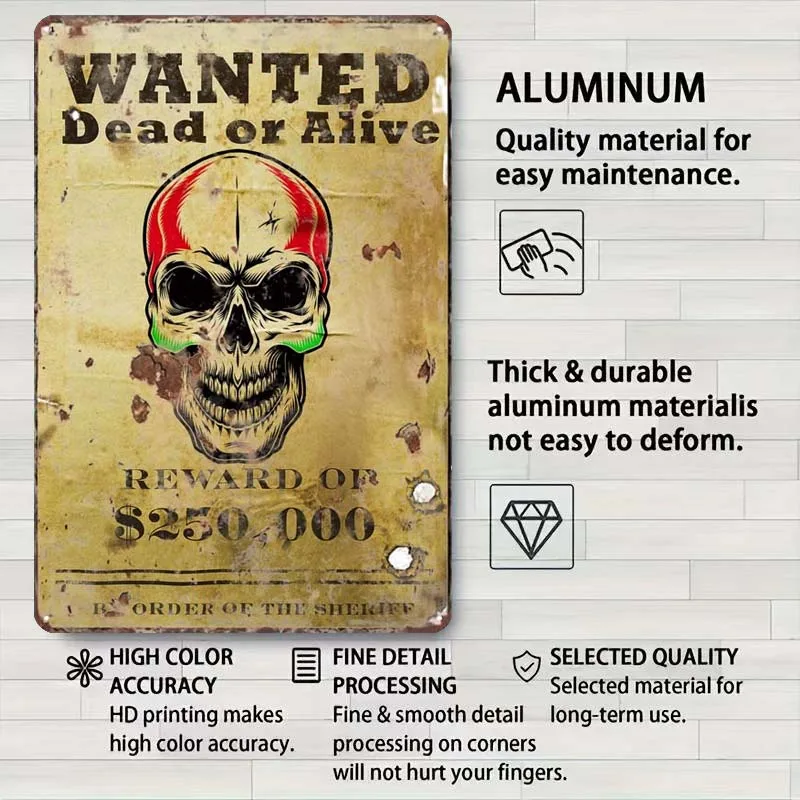 Wanted Skull Funny Rusty Tinplate Sign Metal Sign for Outdoor Fence Decoration Retro Home Decor Club America Coffee Bar Room Tin