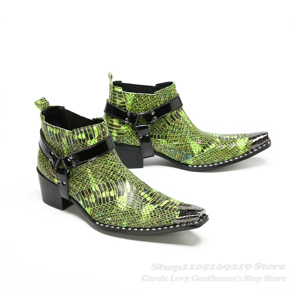 Green Pointed Toe Ankle Boot Men Leather British Style Chunky Heel Slip On Trendy Nightclub Stage Blue Crystal High Top Boot